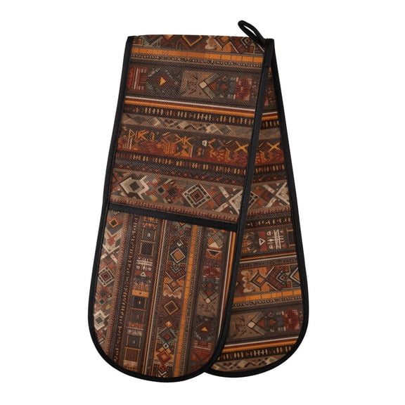 Yayeee Double Oven Mitt Kitchen Heat Resistant Baking 35" x7" Quilted Cotton Glove, Brown Tribal Pattern