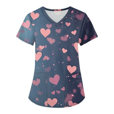 LISTHA Heart Scrub Top V Neck Love Letter Print Novelty Valentine's Day Print Short Sleeve Working Uniform with Pockets Dark Blue M