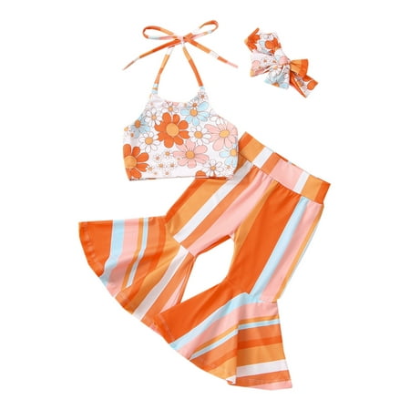

Musuos 3Pcs Baby Girl Sleeveless Floral Halter Crop Top Rainbow Bell Bottom Pants Set