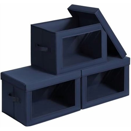 Stackable Storage Bins with Lids - Large Storage Box with Lids Foldable Closet Boxes for Organizing Wardrobe Clothes Organizer with Window Cubes Bins for Living Room 3 Pack Navy Blue
