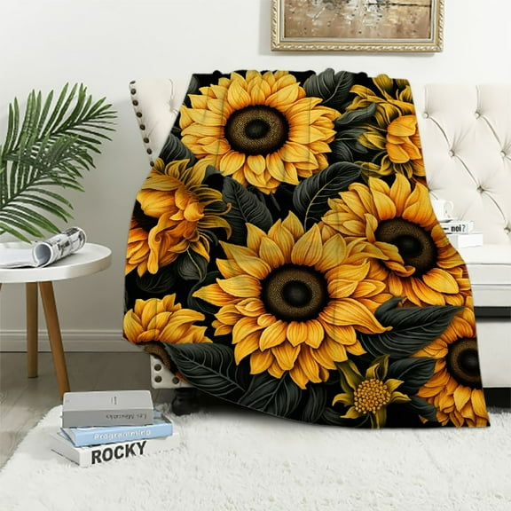 COMIO  Sunflower Gifts Blanket, Double Sided Print Throw Soft Warm Lightweight Blanket for Women Birthday Christmas, Home Living Room Decor Black