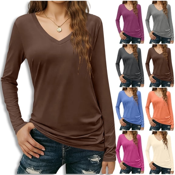 PFRNLF Women's Long Sleeve T Shirts V Neck Cotton Basic Tee Soft Breathable Casual Tops