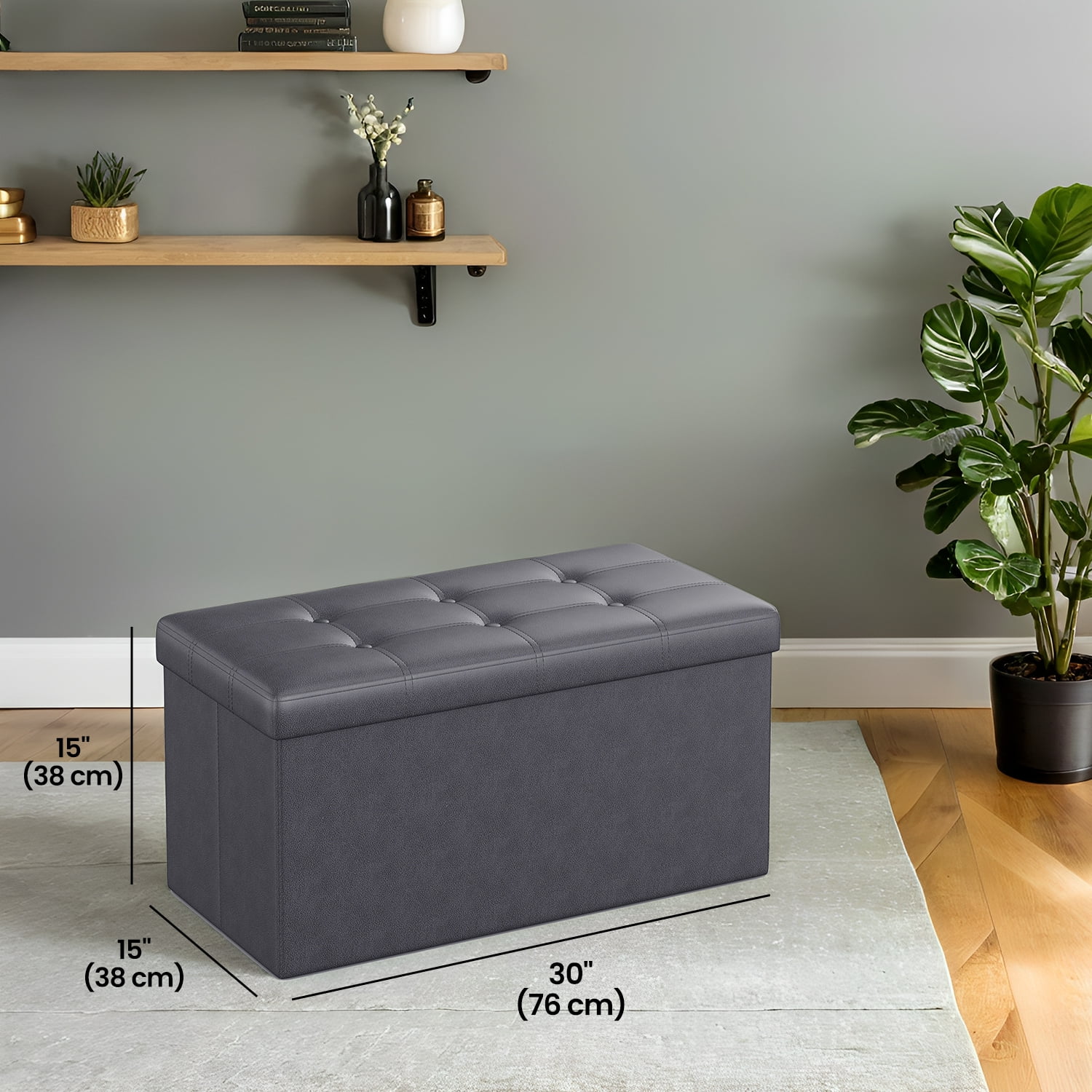 LEDREM Folding Storage Ottoman Bench, 30-Inch Synthetic Leather Seat with 660 lb Capacity, Thick Foam Cushion, Multi-Use Footrest Storage Chest, Dark Gray