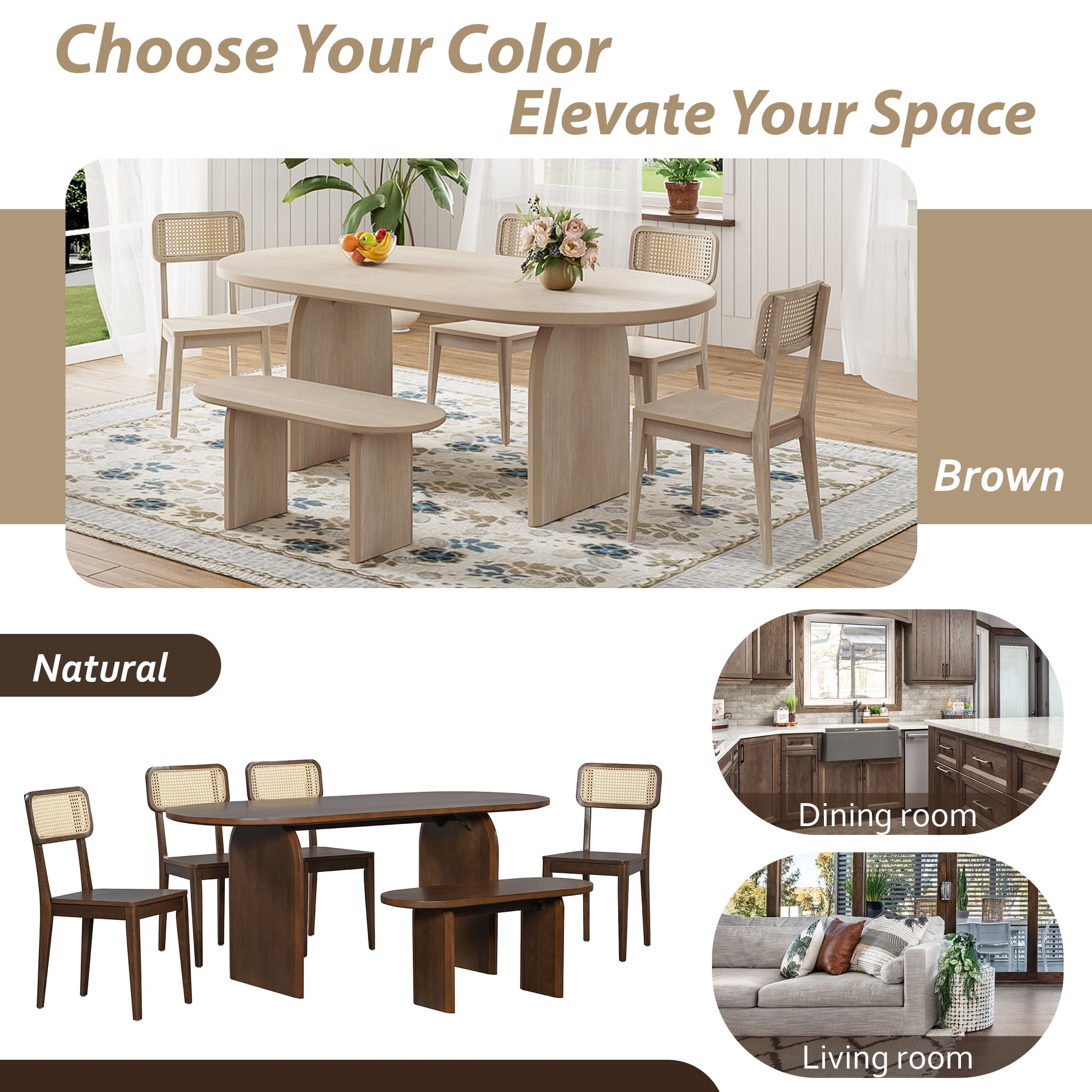 6 Piece Dining Table Set for 6, 71" Oval Dining Table with 4 Chairs and Bench