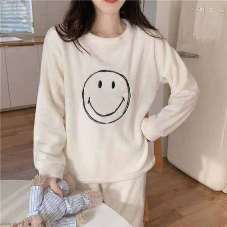 

CoCopeaunt Flannel Womens Pajamas Winter Kawaii Sleepwear Smiley Nightwear Warm Pijama Female Set Woman 2 Pieces Pyjamas Loungewear