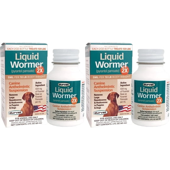 Durvet 2X Liquid Wormer, 2 oz, for Puppies and Adult Dogs - Pack of 2