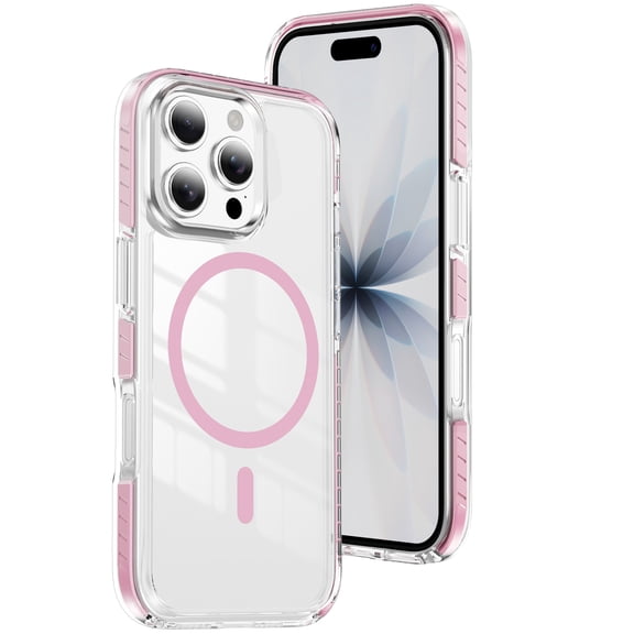 Clear Magnetic Case Designed For iPhone 14 Pro Max, Slim Thin Shockproof Protective Phone Case Compatible with MagSafe, Non-Yellowing Hard Back Soft TPU Bumper Corner Protection Cover,Pink