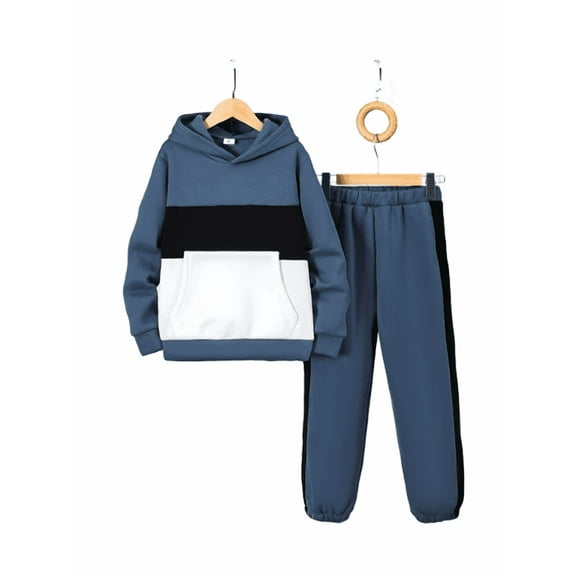 Mikrdoo Tween Boys Fall Winter Clothes Three-Color Patchwork Long-Sleeve Pocket Hooded Sweatshirt And Elastic Waist Sports Pants 2Pcs Casual Outfit Set Blue 9