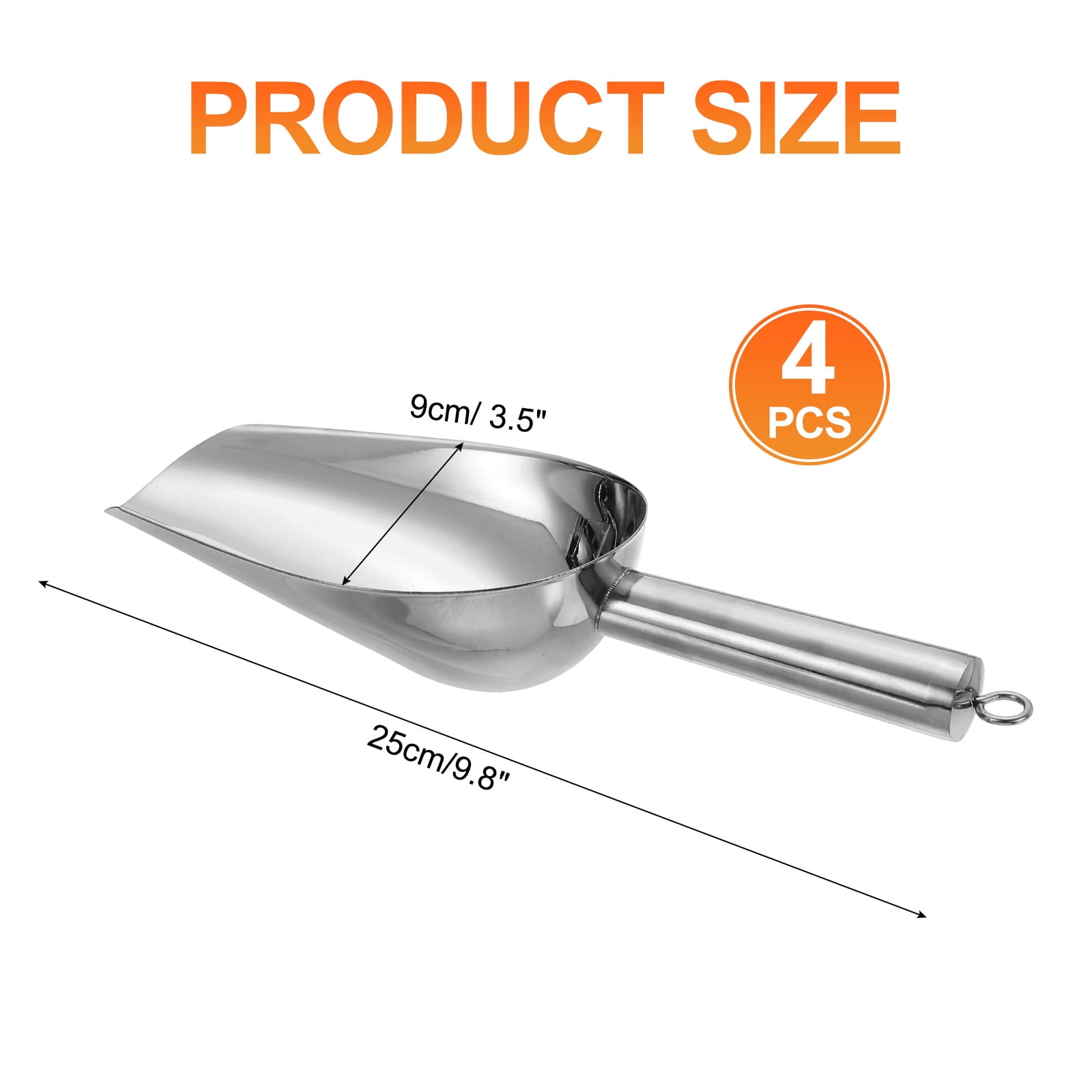 4pcs Metal Ice Scoop, 9.8" x 3.5"Stainless Steel Ice Scooper for Home Bar Use, Silver