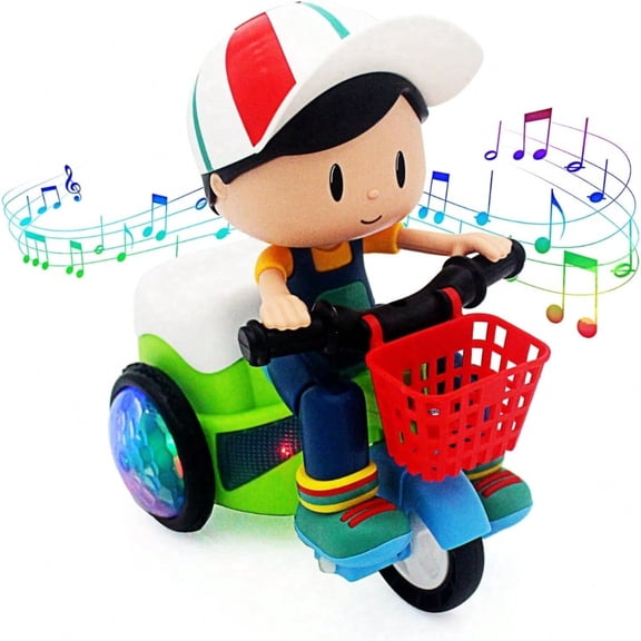 Toddler Electric Tricycle Motorcycle Toy with Stunt, Music & Lights - Push and Go Ride On Car for Kids 3M 