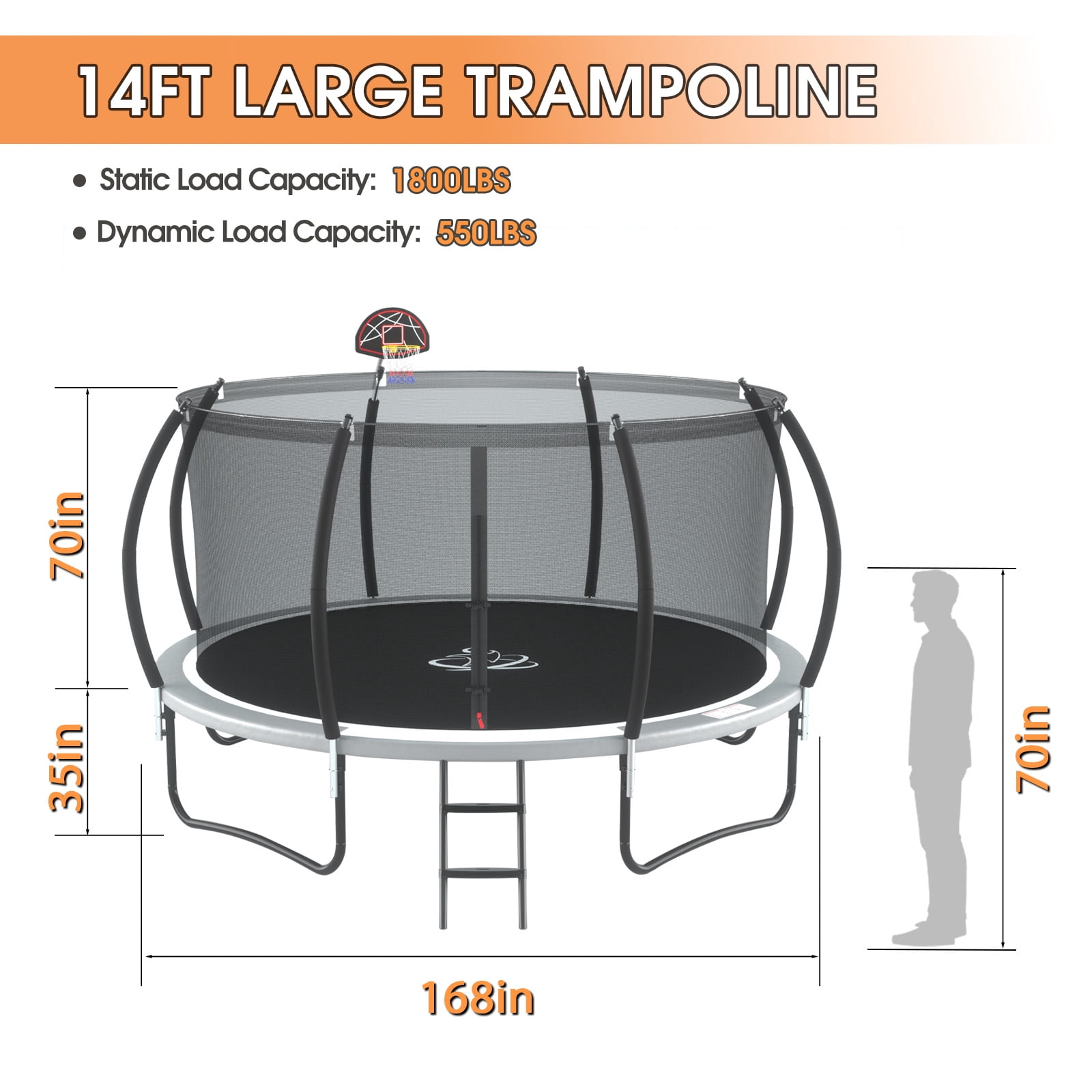 Lumeavetra Outdoor Trampoline for Kids & Adults with Anti-Rust Coating, Safety Enclosure Net, Basketball Hoop, Sprinkler & Ladder, Heavy-Duty Trampolne, Ideal Gift for Boys & Girls Birthday