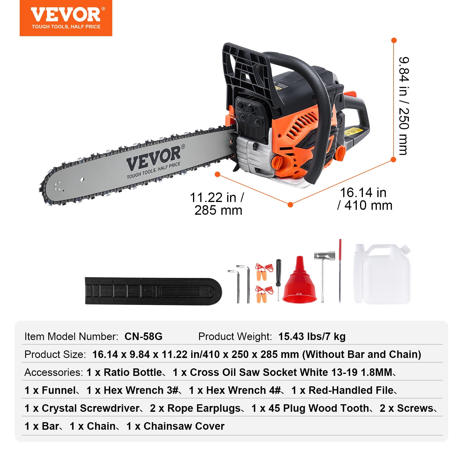 VEVOR Gas Chainsaw, 58CC 20" 3.22HP, Gasoline Powered Chain Saw, Handheld Cordless Petrol Chainsaws for Tree Wood Branch Cutting, Tree Trimming, Land Clearing, Farm Garden Ranch Forest Cutting Use
