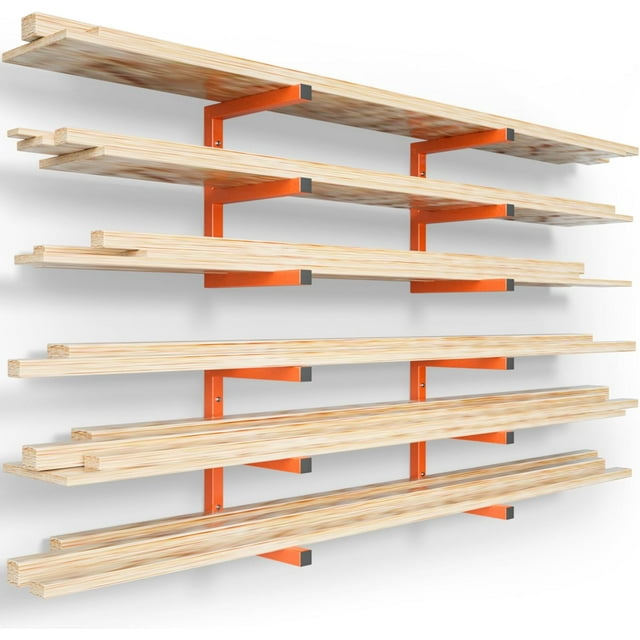 Wood Organizer and Lumber Storage Rack Wall Mount Heavy Duty Metal Shelf with Level Max lbs Indoor & Outdoor Use Orange
