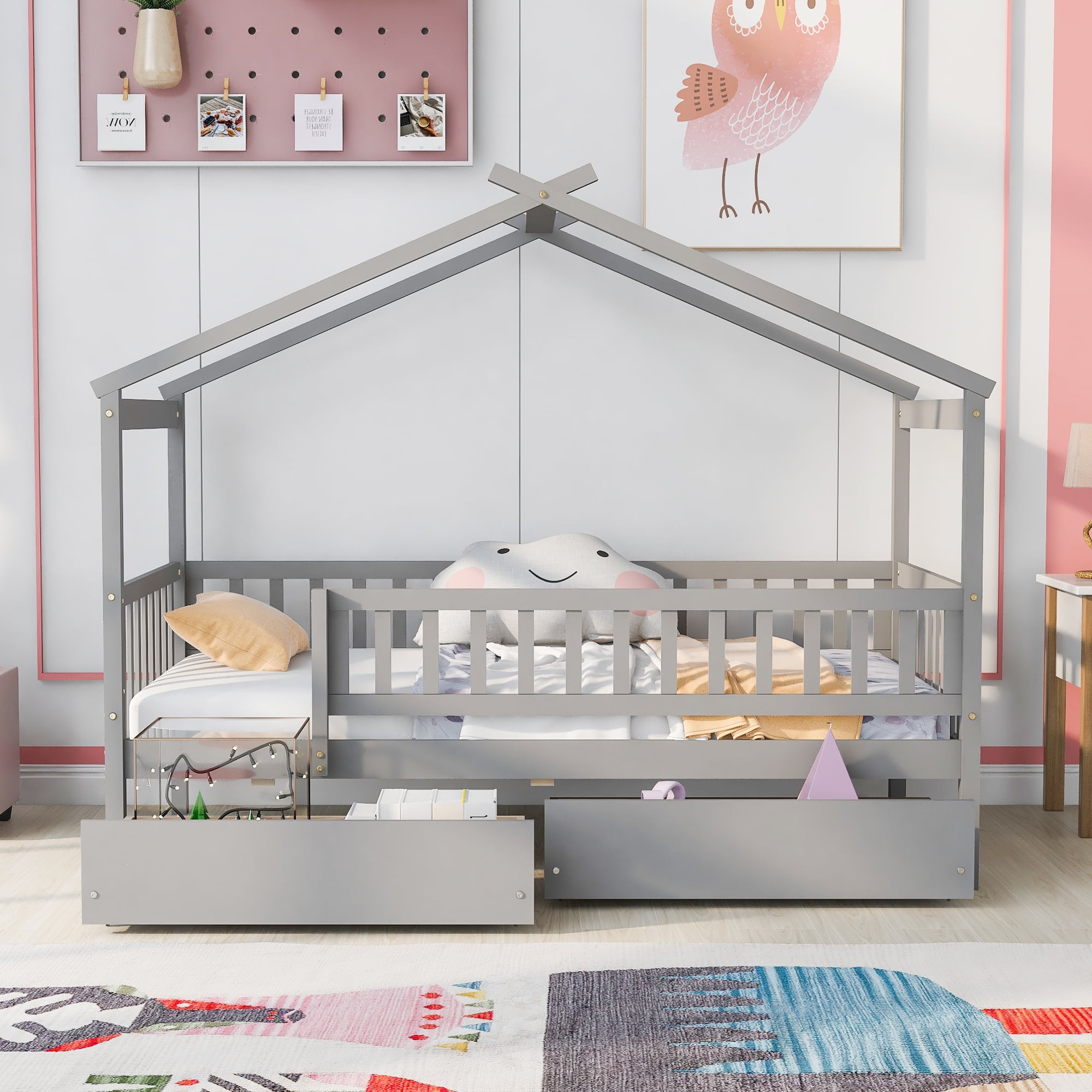 Harper & Bright Designs Twin House Bed with 2 Storage Drawers, Twin Bed Frame with Rails and Roof, Wooden Tent Montessori Bed for Bedroom, Gray