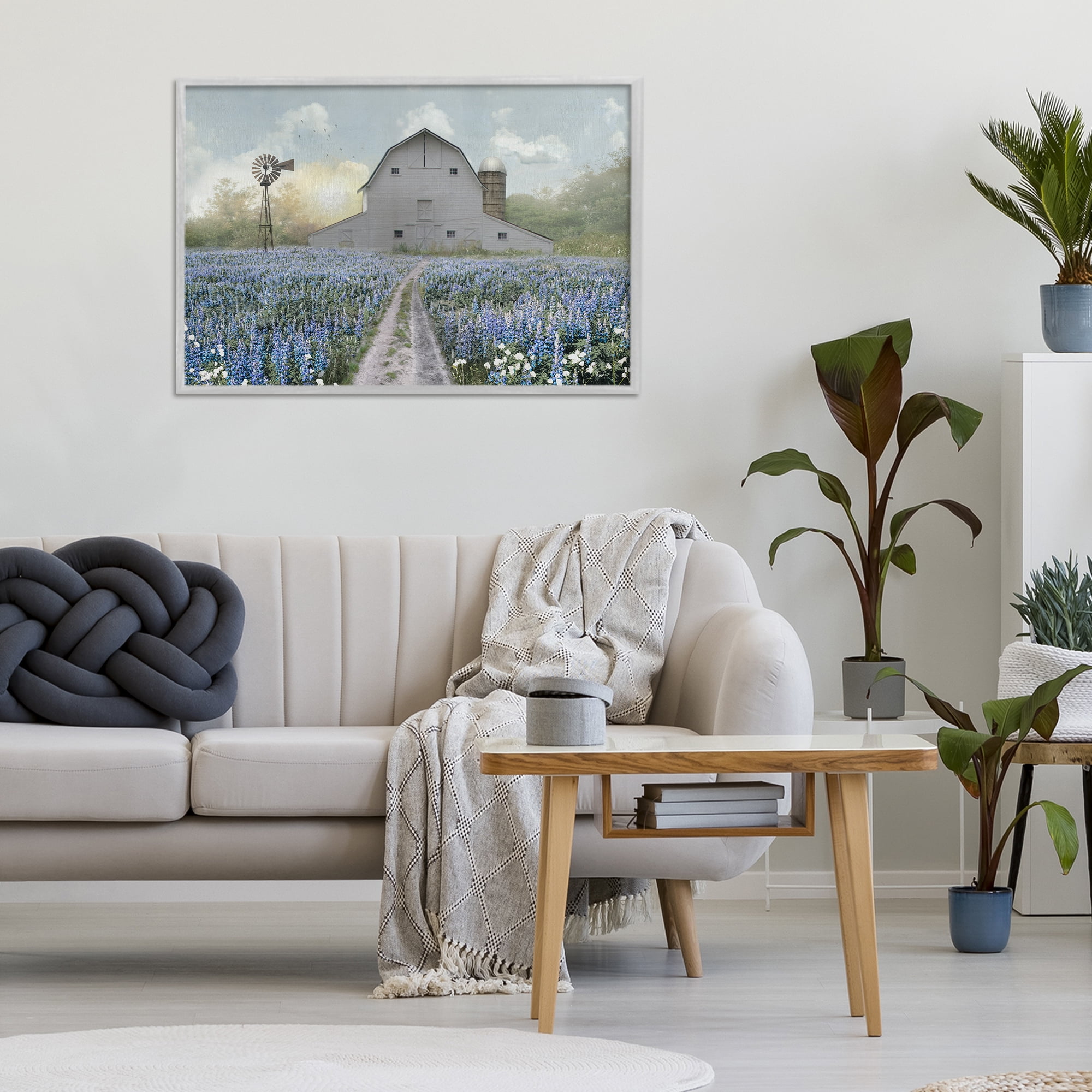 Stupell Industries Meadow of Blue Flowers & Barn Gray Framed Giclee Art, design by Nan