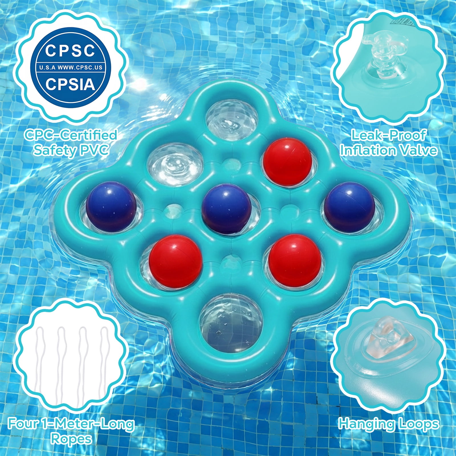 MoKo Pool Toys Games Set Tic-Tac-Toe Inflatable Pool Toy with 10 Balls - for Adults Teens Kids 2-10 Players, Lake Blue
