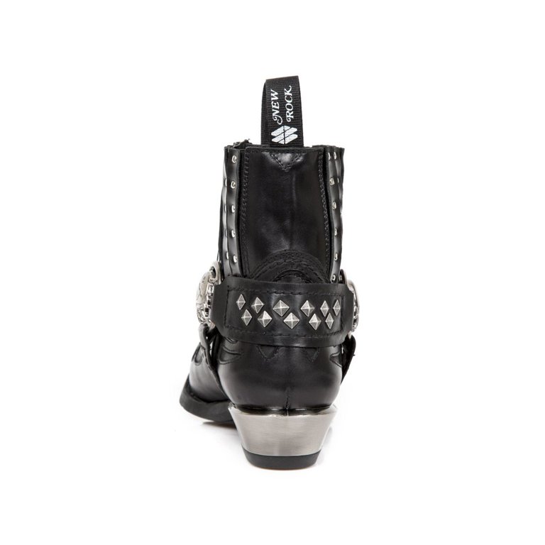 New Rock 7950-S9 Black Ankle Boots Western Goth Strap Skull Stud