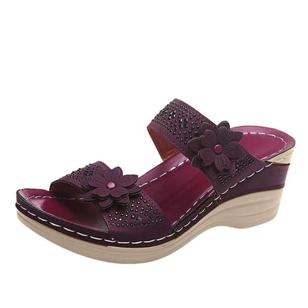 

Women Fashion Flowers Wedges Breathable Open Toe Sandals Slip On Beach Shoes