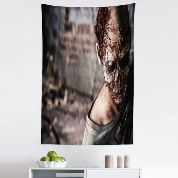 Zombie Tapestry, Dead Person in Ruined House with Creepy Looking Murder Killing Scary Print, Fabric Wall Hanging Decor for Bedroom Living Room Dorm, 5 Sizes, Taupe Peach, by Ambesonne