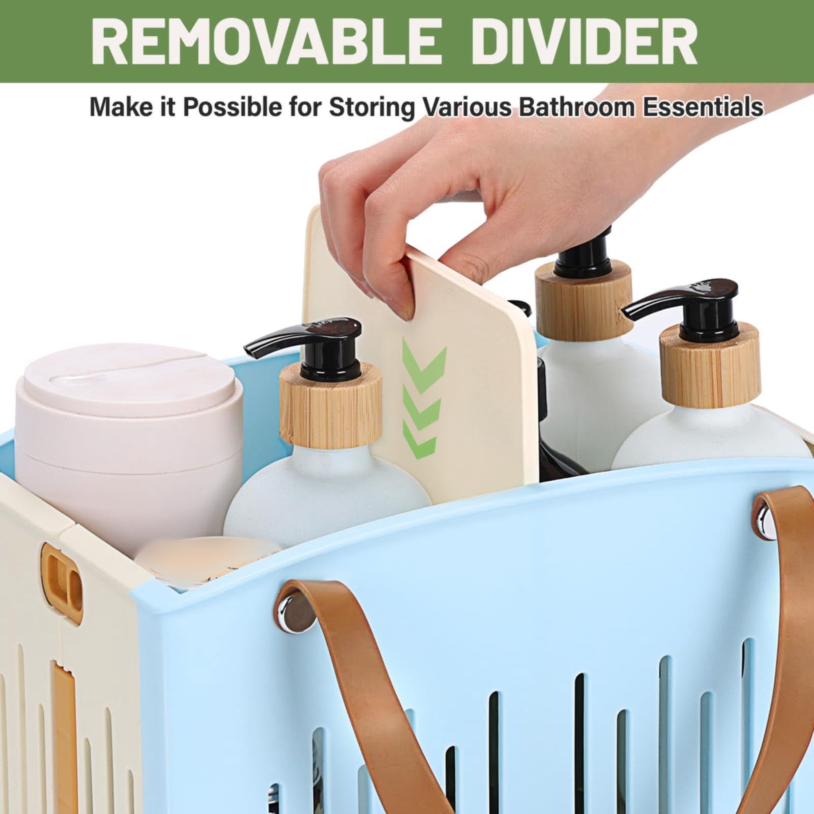Portable Shower Caddy Basket, Plastic Collapsible Cleaning Organizer, Storage Tote with Handle, Removable Divider for College, Dorm Room, Camp, Gym, Dorm, Bathroom, 11.02x7.09x6.5"