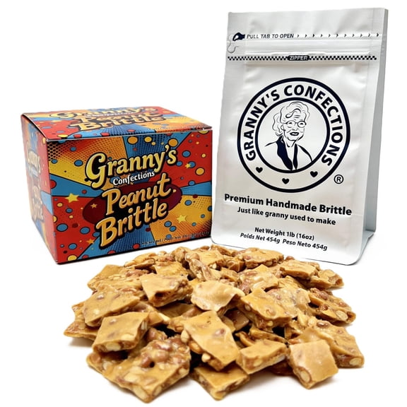 Grannys Confections Peanut Brittle.  Premium Handmade Peanut Brittle, Loaded With Peanuts, Just Like Granny Used to Make. Old Fashioned Peanut Brittle Candy. One Pound Bag (16oz)