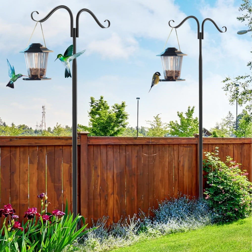 LINJH 2x Adjustable Height Double Shepherds Hooks Lights Poles Hanging Bird Feeder 9ft