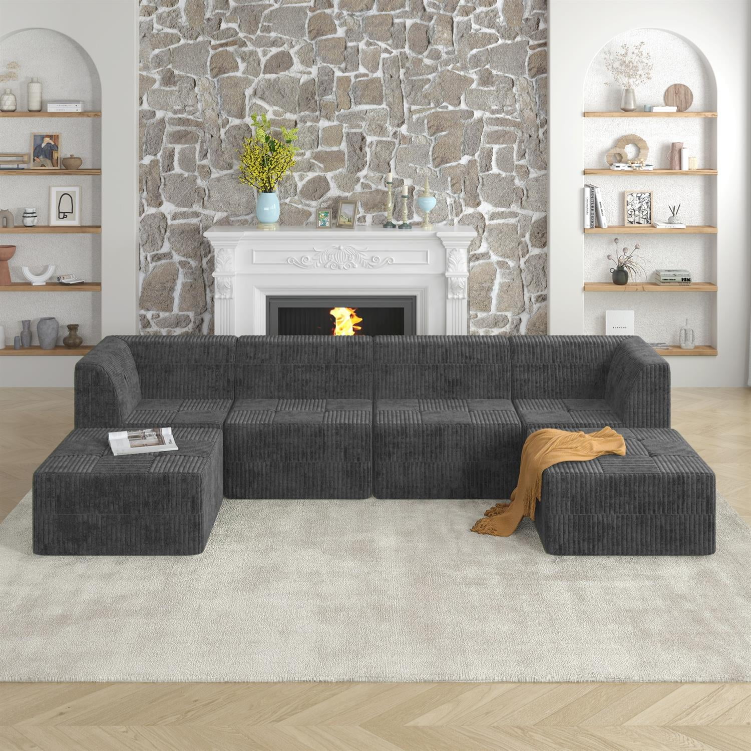 Demi Bonn 130" U-Shaped Modular Sectional Sofa, Modern Minimalist Style DIY Compressed Corduroy Couch for Living Room & Bedroom, Gray