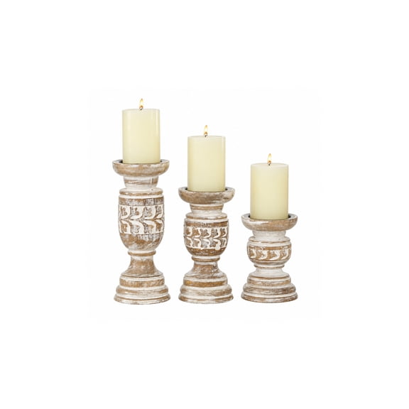 DecMode Country Carved Wood Candle Holder with Light Brown/Whitewashed Finish, Set of 3 6", 8", 10"H