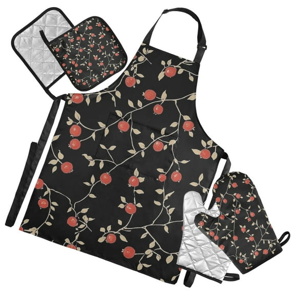 Red Berries on Black Oven Mitts and Pot Holders with Chef Apron Set 5 Pcs Kitchen Cooking Set