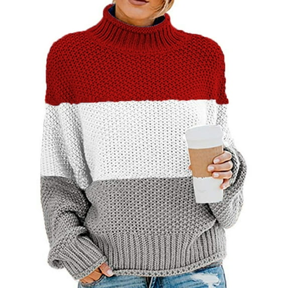 TWZH Women Tricolor High Collar Long Sleeve Sweater Tops