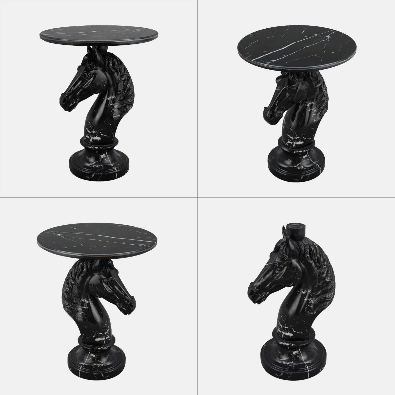 Horse Head Accent Table, Animal Statue End Table with Faux Marble Top, Resin Sculpture Side Table for Living Room, Office, Equestrian Themed Decor, Black