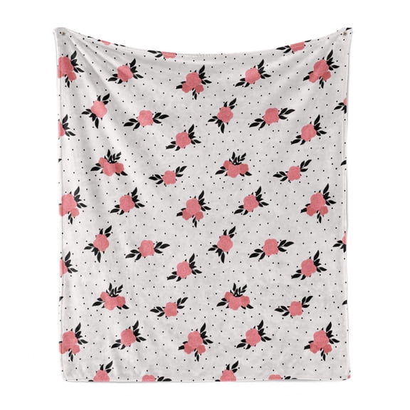 Floral Soft Flannel Fleece Throw Blanket, Rose Bouquets with Leaves on a Background of Dots, Cozy Plush for Indoor and Outdoor Use, 50" x 70", Coral Baby Pink, by Ambesonne