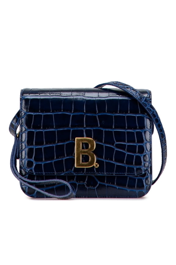 Pre-Owned Balenciaga B Logo Crocodile Embossed Shoulder Bag 592898 Navy Leather... (Good)