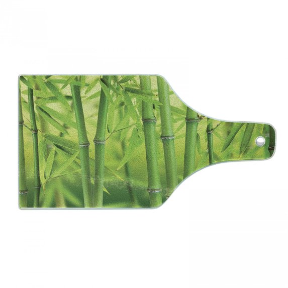 Bamboo Print Cutting Board, Close up of Bamboo Sprouts Stems Nature in Tropical Rain Forest Wildlife Feng Shui, Tempered Glass Cutting and Serving Board, Wine Bottle Shape, Green, by Ambesonne