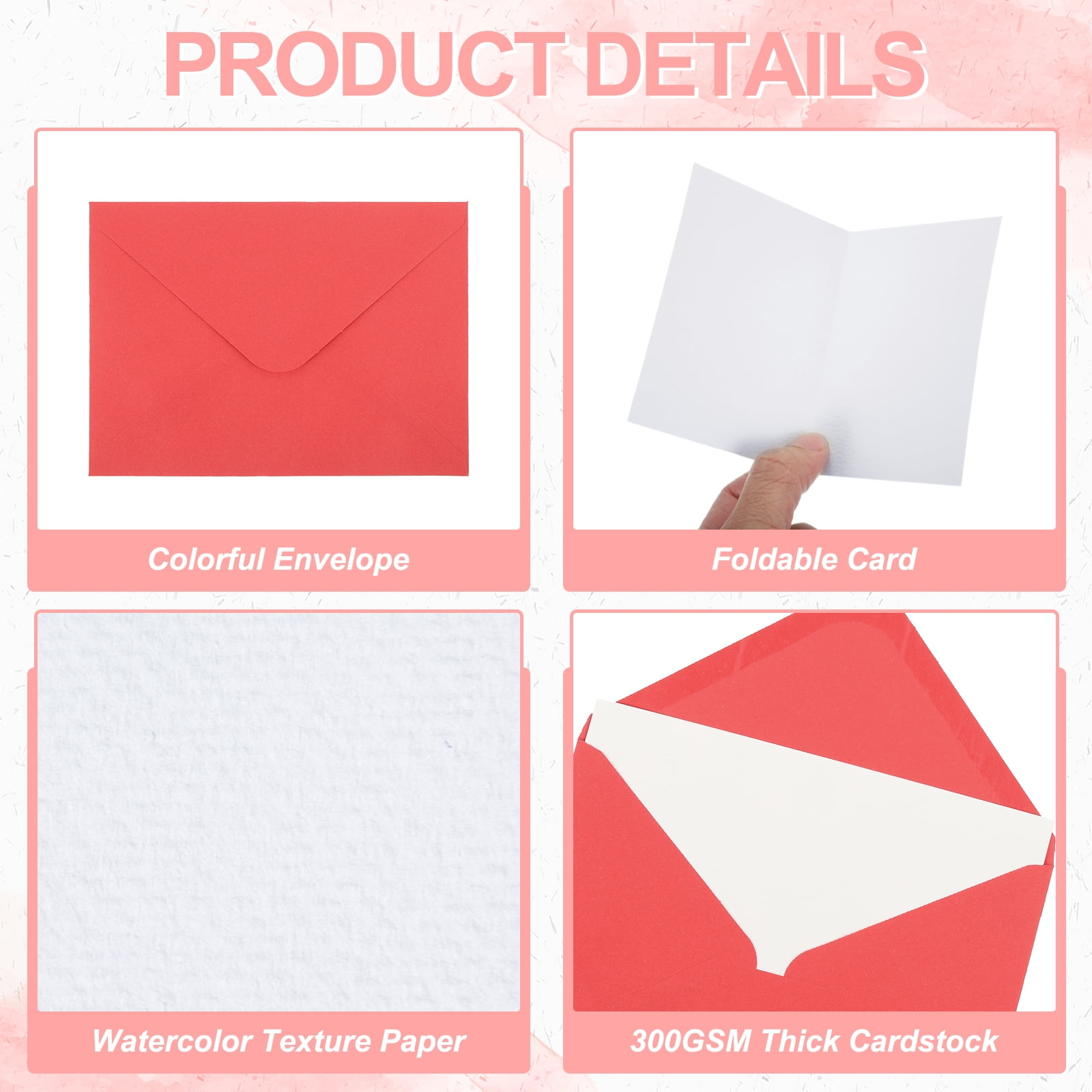 5x7 Inch Pure Cotton Watercolor Cards, 50 Sets Postcards with Envelopes 140lb/300 GSM for Art Painting Creative Thank Notes, Red