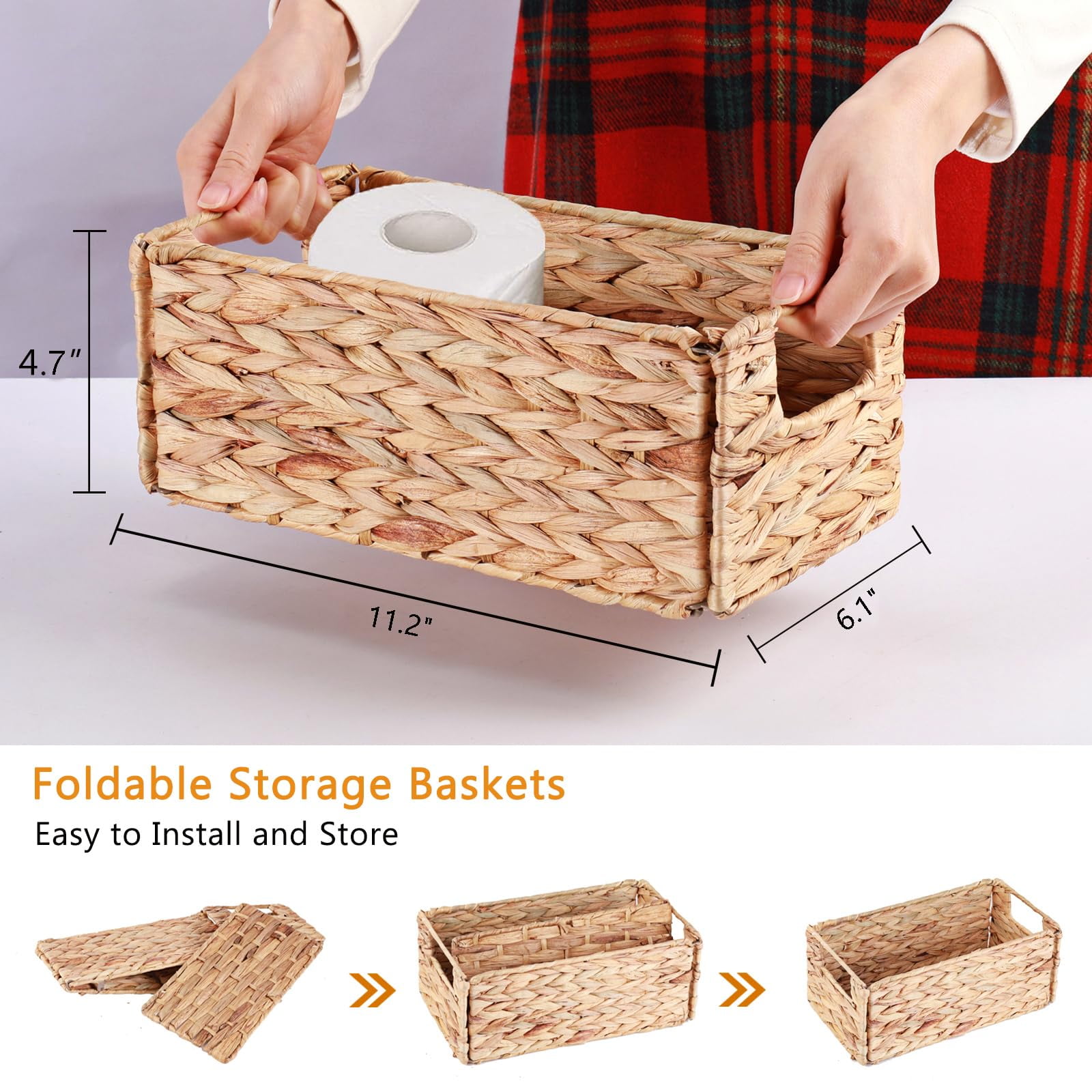 Bevtee Wicker Storage Basket, 2 Pack Hand-Woven Water Hyacinth Storage Basket for Shelves, Foldable Cube Organizer Bins