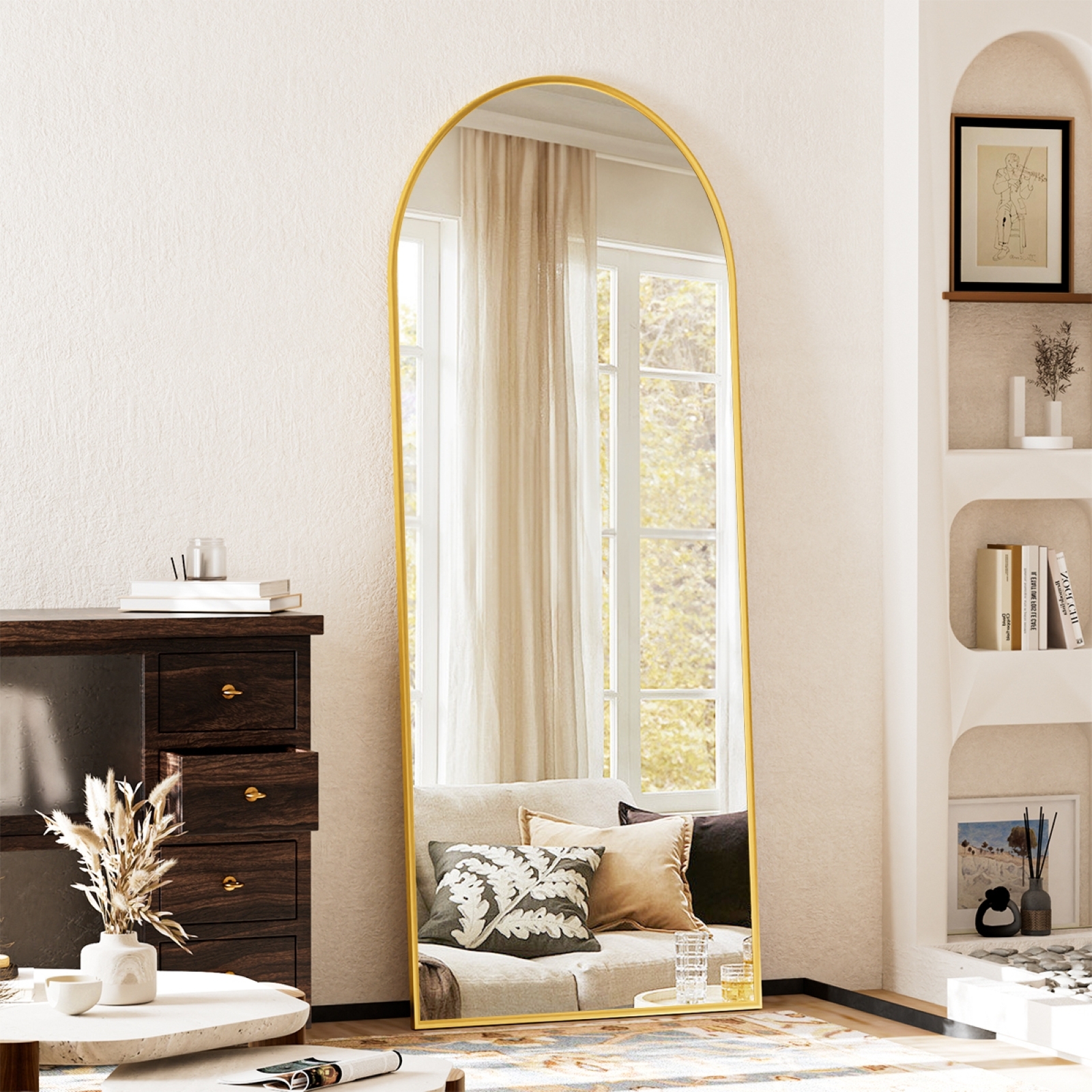Anyrose 57.5"x 19" Arched Full Length Floor Mirror Wall-Mounted Mirror with Metal Frame, Gold