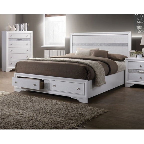 Queen Size Metal Platform Bed Frame with Drawers, White, No Box Spring, Bedroom