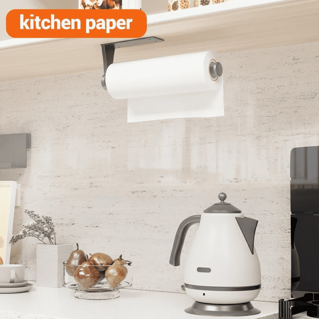 Under Cabinet Paper Towel Holder, Single-Hand Operated Wall Mount with Damping Effect, Self-Adhesive or Drill Installation for Kitchen and Bathroom, Black