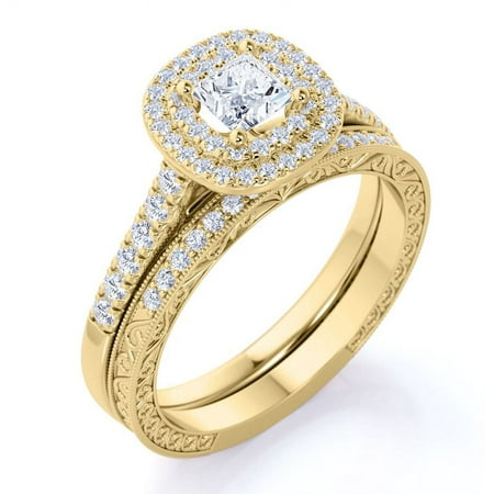 JeenMata Vintage Square Lab Grown Diamond - Double Halo - Cluster Engagement Ring - Bridal Set - 10K Yellow Gold