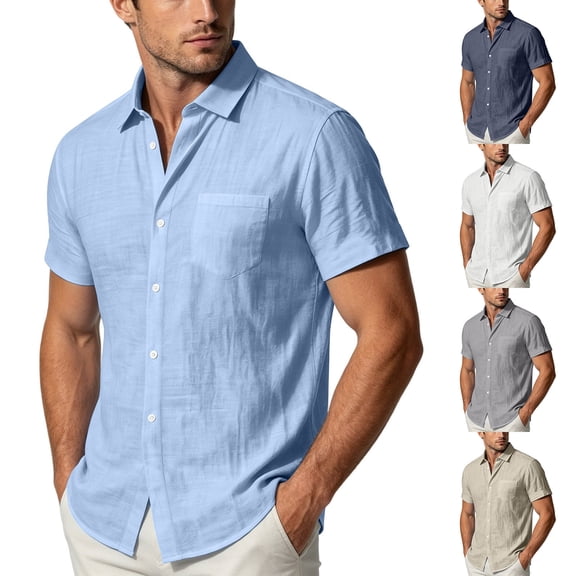 Men's Cotton Linen Short Sleeve Shirts Loose Casual Lightweight Button Down Shirt Beach Vacation Summer Tops with Pocket Size S-4XL Light Blue