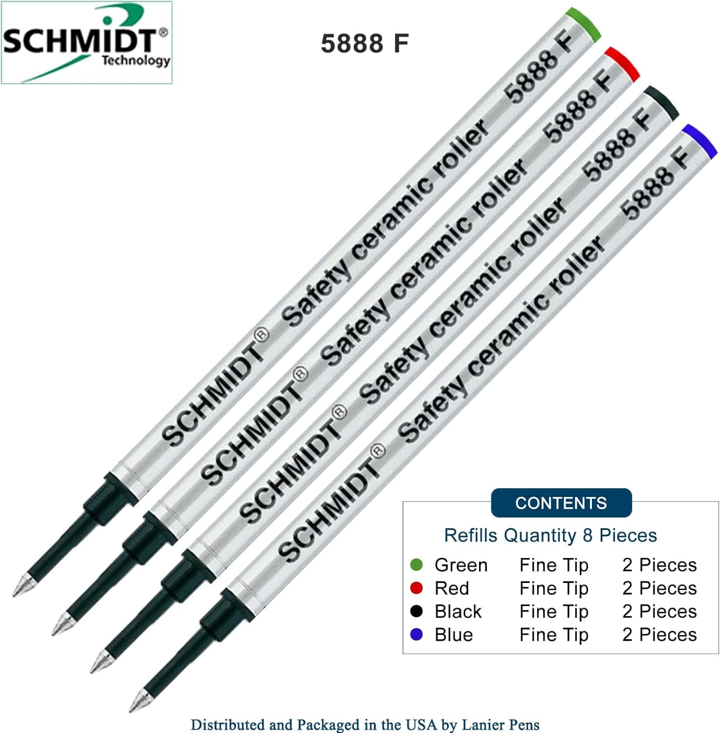 Schmidt 5888 Safety Ceramic Rollerball Metal Refill - Black, Blue, Green, Red Ink (Fine Tip 0.6mm) - Pack of 8