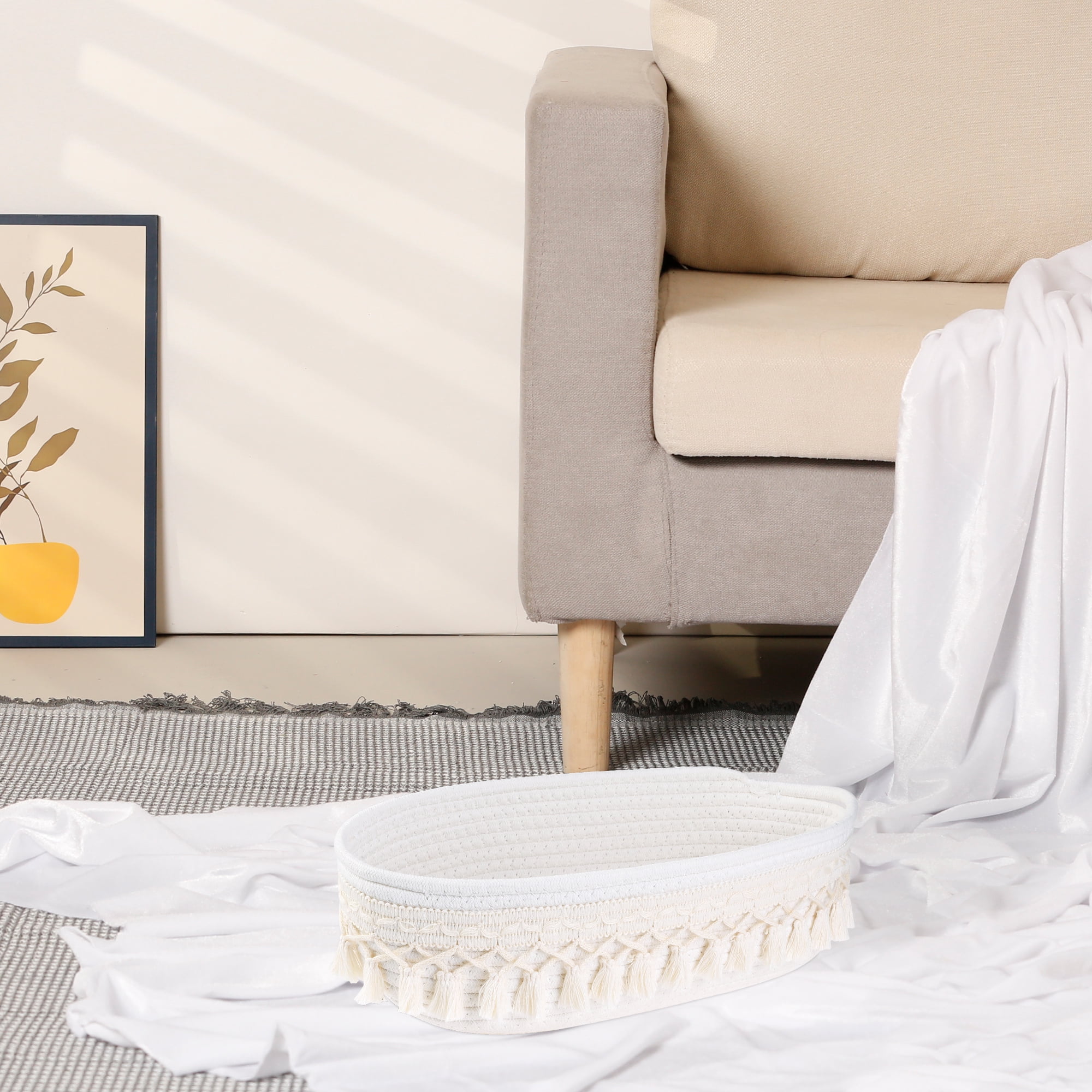 Unique Bargains Woven Storage Basket with Tassels for Key Tray Bowl Beige