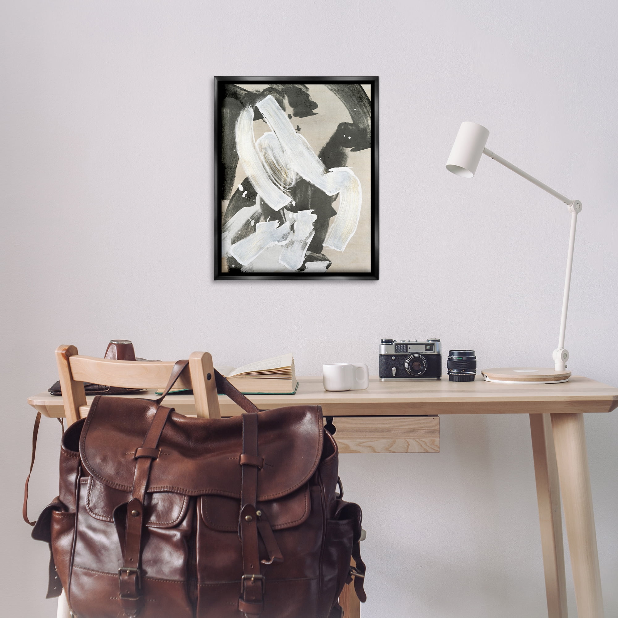 Stupell Industries Chaotic White Paint Streak Abstract Painting Black Floater Framed Canvas Art Print Wall Art, 25 x 31