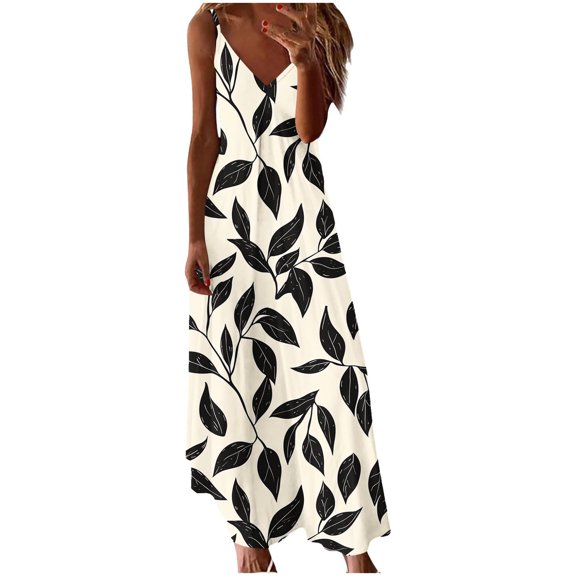 Vetsdori Sleeveless Maxi Dresses for Women Graphic Beach Slip Dress Black Sundress Tank Summer,V-Neck Holiday Juniors Dress Vacation