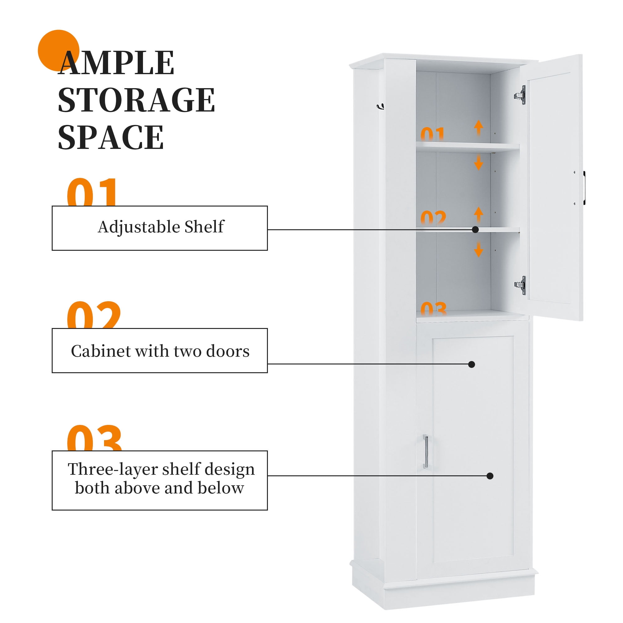Harper & Bright Designs Tall Bathroom Storage Cabinet Doors and Hook, Modern Freestanding Cabinet with Adjustable Shelves for Bathroom, White