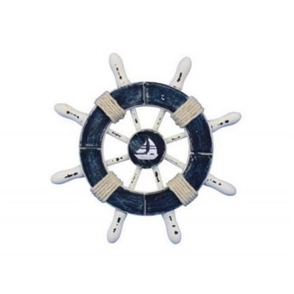 Handcrafted Model Ships SW-6-108-Sailboat-NH 6 in. Rustic Dark Blue & White Decorative Ship Wheel With Sailboat