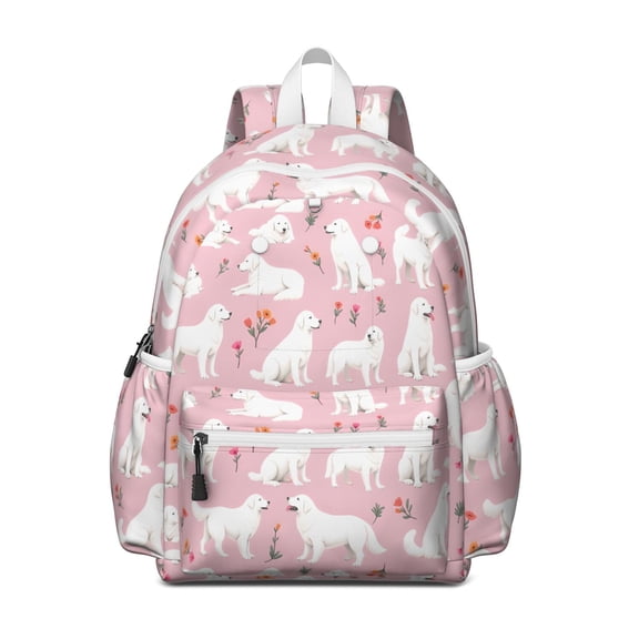 White Dogs and Flowers Backpack for School,Cute School Bag,Schoolbag with Adjustable Shoulder Straps & Padded Back,13.4"x11"x4.7"