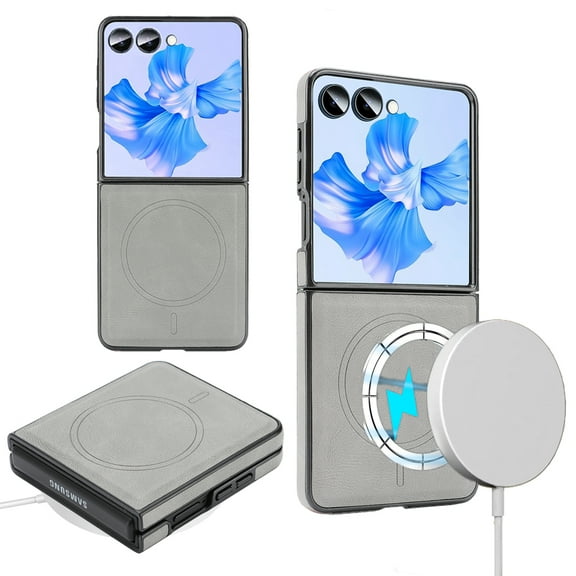 ELEHOLD Magnetic Leather Case For Samsung Galaxy Z Flip 7, [Mag-Safe Compatible], Shockproof PU Leather Silm Fit Protectice Magnetic Case Cover, Gray