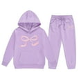 thumbnail image 3 of Girls Sweatsuits 2 Piece Set Long Sleeve Bow Print Hooded Sweatshirt and Sweatpants Sets Cute Preppy Tracksuits with Pockets,Light Purple,4-5 Years, 3 of 4